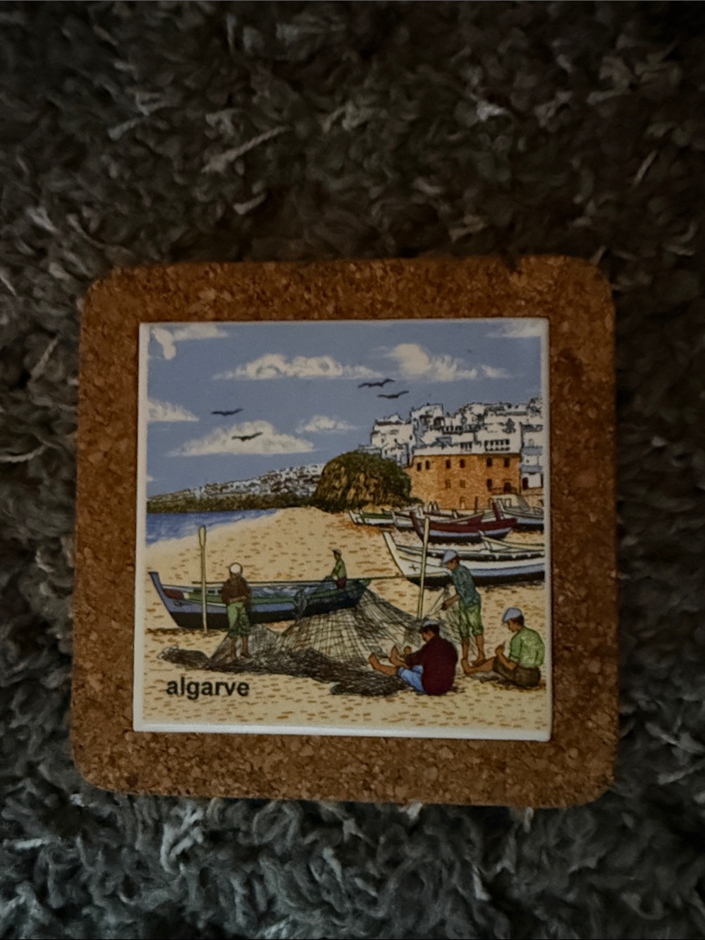 Cork Tile trivet for hot plates with Algarve Seaside Artwork - Brown